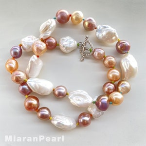 18.3 " Collar combinado de perlas Edison de agua dulce naturales y perlas barrocas blancas / Diseño único / Joyería hecha a mano / Plata sólida S925