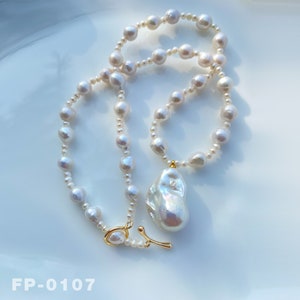 17.3 &quot; Natural Freshwater White Rainbow Flame Fireball Pearl Pendant Necklace  / Unique design / Handmade Jewelry / Filled 14K gold