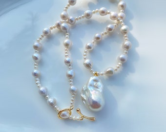17.3 " Natural Freshwater White Rainbow Flame Fireball Pearl Pendant Necklace  / Unique design / Handmade Jewelry / Filled 14K gold