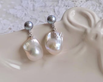 20mm Large Natural Freshwater White Rainbow Fireball Baroque Pearl Earrings / Sterling Silver / Unique Handmade Perfect Jewelry Gift
