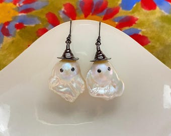 Cute Ghost Wizard Natural Freshwater Fireball Baroque Pearl Earrings  / Unique pearl jewelry design / Perfect Handmade Halloween Gift
