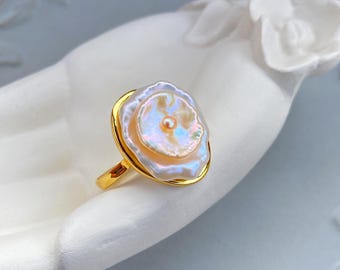 Handmade Natural Freshwater Colourful Keshi Pearl Flower Ring / Adjustable size / Unique Jewelry Design / 14K gold plated / Perfect Gift
