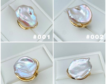 Natural Freshwater Large White Rainbow Keshi Petal Pearl Ring / Adjustable size / Unique Jewelry for her / Solid Silver 14K gold plated
