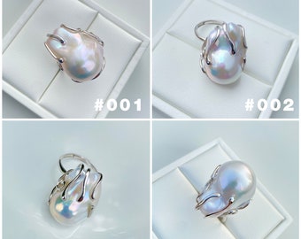 Large Natural Freshwater White Rainbow Fireball Baroque Pearl Ring / Adjustable size / Unique Jewelry Design for her / Solid S925 Silver