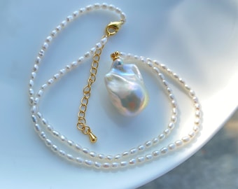 15.8 " Collar de perlas barrocas naturales Bola de llama Perla Bola de fuego Joyería de perlas Collar colgante hecho a mano Regalo para su collar para mujeres