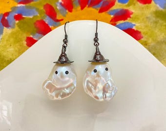Cute Ghost Wizard Natural Freshwater Fireball Baroque Pearl Earrings  / Unique pearl jewelry design / Perfect Handmade Halloween Gift