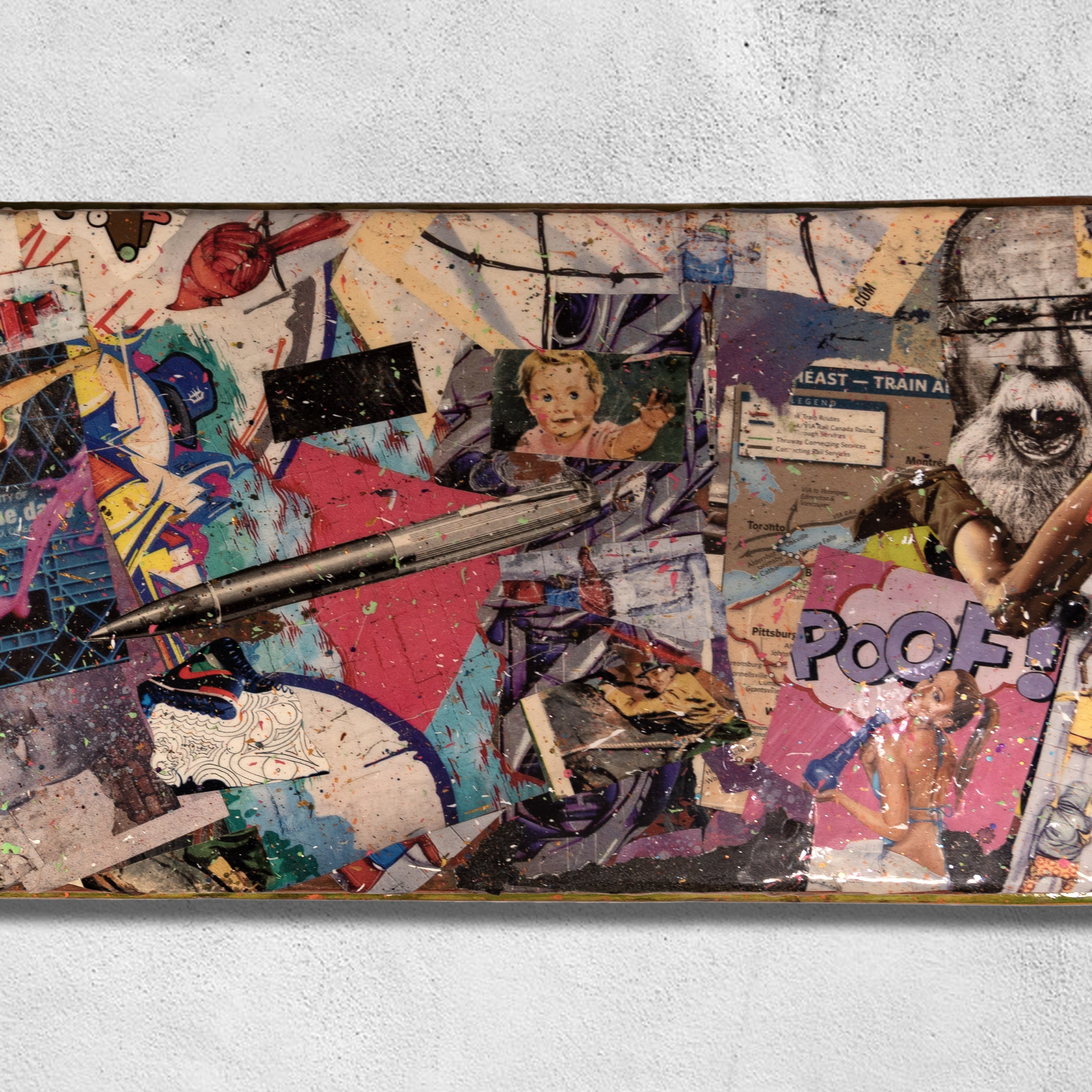 Vintage & Modern Collage Skateboard Art - 35” Epoxy Resin Vintage & Modern Collage Skateboard Art - 35” Epoxy Resin