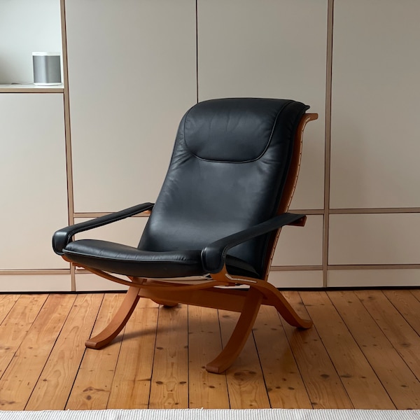 60s Vintage leather Design Armchair Ingmar Relling AP Stolen flexi chair to Danish Teak 70s