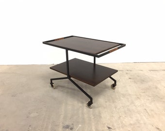 super rare!! 50s 60s ILSE walnut steel trolley table sideboard shelf 70s barcart vintage side table sofa magazine holder