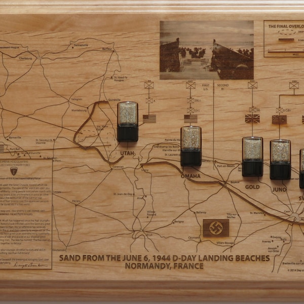 D Day Memorabilia gift WWII souvenir Normandy Sand June 6 1944 invasion beach map Overlord Omaha Utah Gold Juno Sword Red Alder Wood Plaque