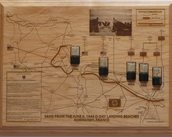 D Day Memorabilia gift WWII souvenir Normandy Sand June 6 1944 invasion beach map Overlord Omaha Utah Gold Juno Sword Red Alder Wood Plaque