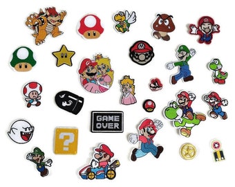 inspired 8 Bit Shiny Metallic Embroidery Super mario bros Mario 1up mushroom Iron on patch