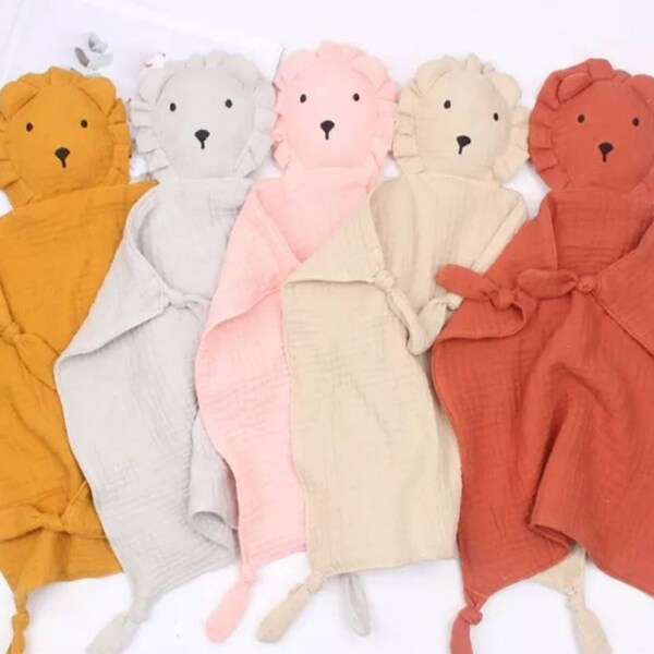 Mon premier doudou plat petit lion en coton double gaze naturel, cadeau naissance, cadeau bébé, nouveau né, creaphile