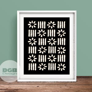 May include: Black and white geometric pattern print with a repeating design of circles and vertical lines. The print is framed in a white frame.