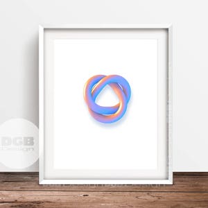 May include: A white frame with a white mat surrounding a colorful abstract image of a 3D knot. The knot is a light blue and orange color.
