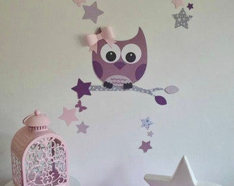 Stickers hibou chouette petite branche papillons et étoiles rose poudré rose pale violet violine