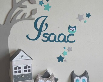 Stickers prénom hibou et étoiles pour chambre garçon bébé - dominante petrole turquoise gris