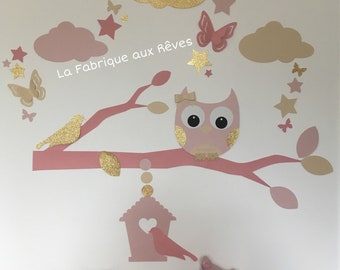 Stickers grande branche hibou nuages et étoiles - décoration chambre bébé fille rose poudré vieux rose doré