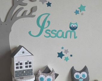 Stickers prénom hibou et étoiles pour chambre garçon bébé - petrole turquoise gris