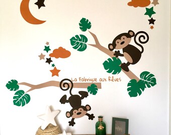 Stickers grande branche tropical jungle singes étoiles et nuages - décoration chambre bébé marron beige vert orange