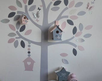 Stickers arbre hibou papillons et petits oiseaux rose poudré argent gris