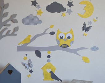 Stickers hibou chouette grande branche nichoir nuages papillons et étoiles  jaune gris clair et gris foncé