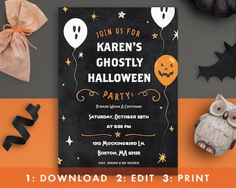 May include: A Halloween party invitation with the text "Join us for Karen's Ghostly Halloween Party!" on a black background. The invitation features ghost and jack-o'-lantern balloons, stars, and the address. Candy corn and a decorative owl are also visible.