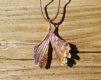 Gingko pendant electroformed copper handmade <=> price includes cotton cord necklace + velvet pouch + FREE delivery