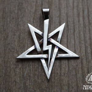 May include: A silver pentagram pendant with a five-pointed star design. The pendant is made of metal and has a shiny finish.