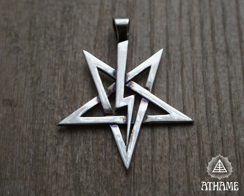 May include: A silver pentagram pendant with a five-pointed star design. The pendant is made of metal and has a shiny finish.