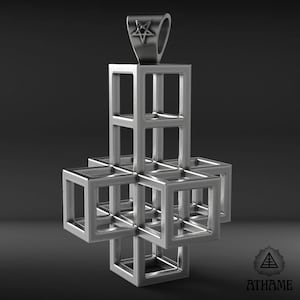 Satanic Hypercube Upside Down Crucifix Sterling Silver Pendant