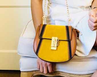 Shoulder bag, mustard yellow bag, bag suede leather Pu, brown bag, summer, trendy, handbag chain bag purse