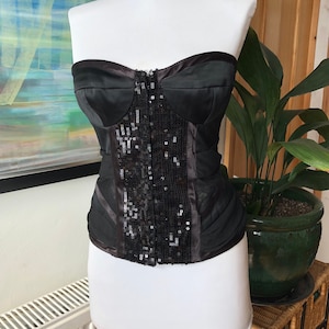 Corset top, vintage corset top, y2k, black corset, black corselet, black sequin, black bustier, black strapless top, gothic top,