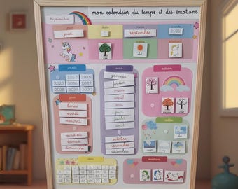 Może przedstawiać: Ścienny kalendarz w drewnianej ramie zatytułowany mon calendrier du temps et des émotions, z interaktywnymi sekcjami dla dni, miesięcy, lat, pór roku, pogody i emocji, ozdobiony kolorowymi ilustracjami jednorożców i drzew.