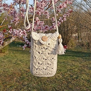 Sac au crochet pour portable. Étui téléphone. Pochette bandoulière au crochet. Étui à lunettes. Écru