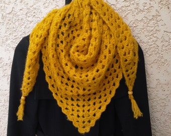 Granny crochet shawl. Handmade shawl. Yellow shawl. Triangular scarf.