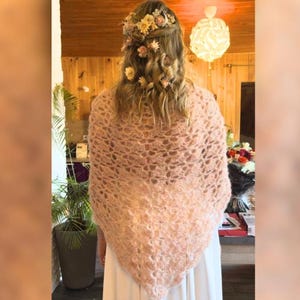 Crochet alpaca shawl. Bridal accessory. Boho wedding shawl. Pink bridal shawl. image 1
