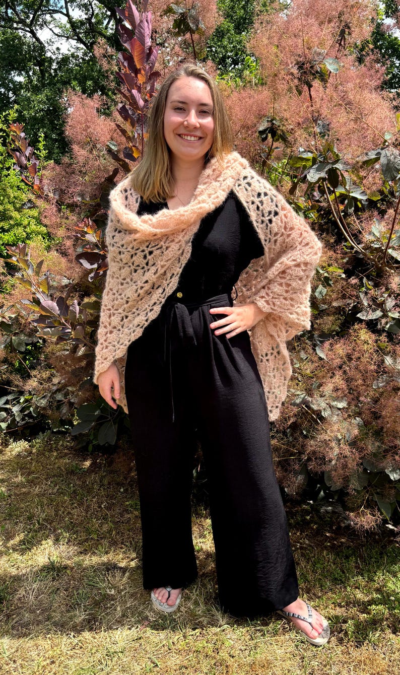 Crochet alpaca shawl. Bridal accessory. Boho wedding shawl. Pink bridal shawl. image 3