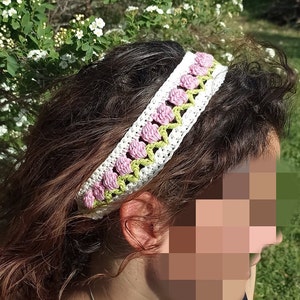 Fascia per capelli da donna. Uncinetto tesoro. Cerchietto con fiori all'uncinetto. Accessorio per capelli da ragazza. Sciarpa per capelli in cotone. Turbante a tulipano immagine 8