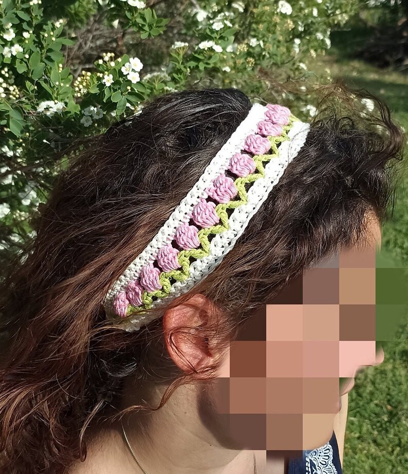 Fascia per capelli da donna. Uncinetto tesoro. Cerchietto con fiori all'uncinetto. Accessorio per capelli da ragazza. Sciarpa per capelli in cotone. Turbante a tulipano immagine 8