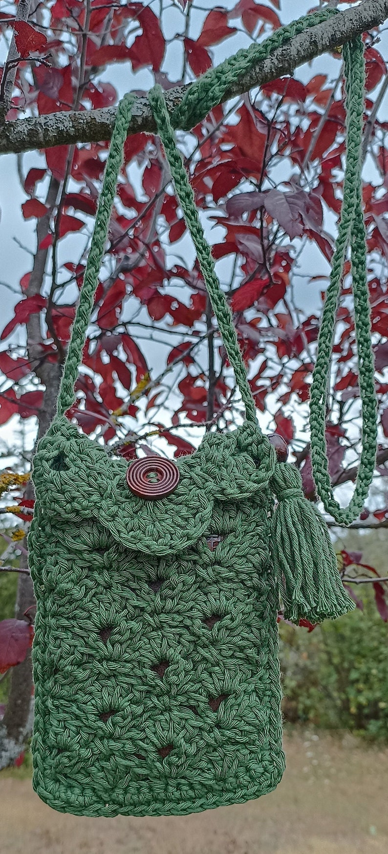 Sac au crochet pour portable. Étui téléphone. Pochette bandoulière au crochet. Étui à lunettes. Vert