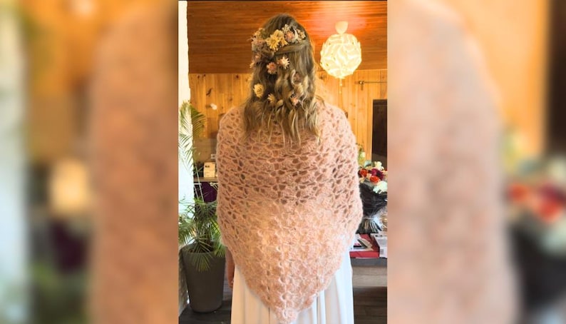 Crochet alpaca shawl. Bridal accessory. Boho wedding shawl. Pink bridal shawl. image 1