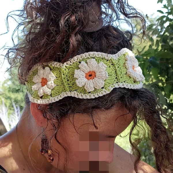 Bandeau cheveux femme. Serre tête fleurs au crochet. Accessoire cheveux fille. Foulard de cheveux en coton. Turban marguerites