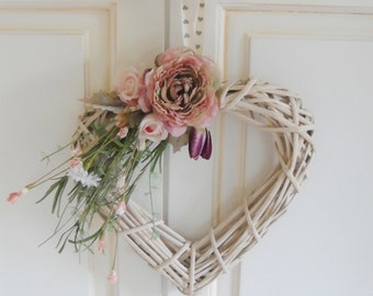 Flower Wreath, Wicker Heart Bedroom Wall Door Hanger, Vintage Artificial Flowers, Pink