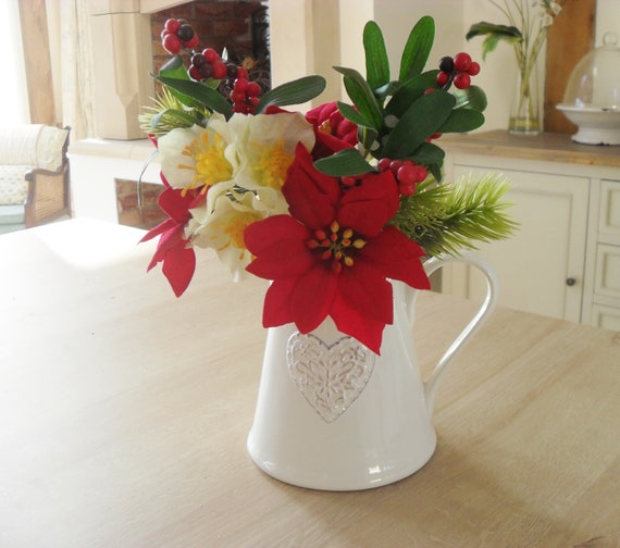 Artificial Christmas Flowers, Xmas Arrangement, Faux Poinsettia Bunch