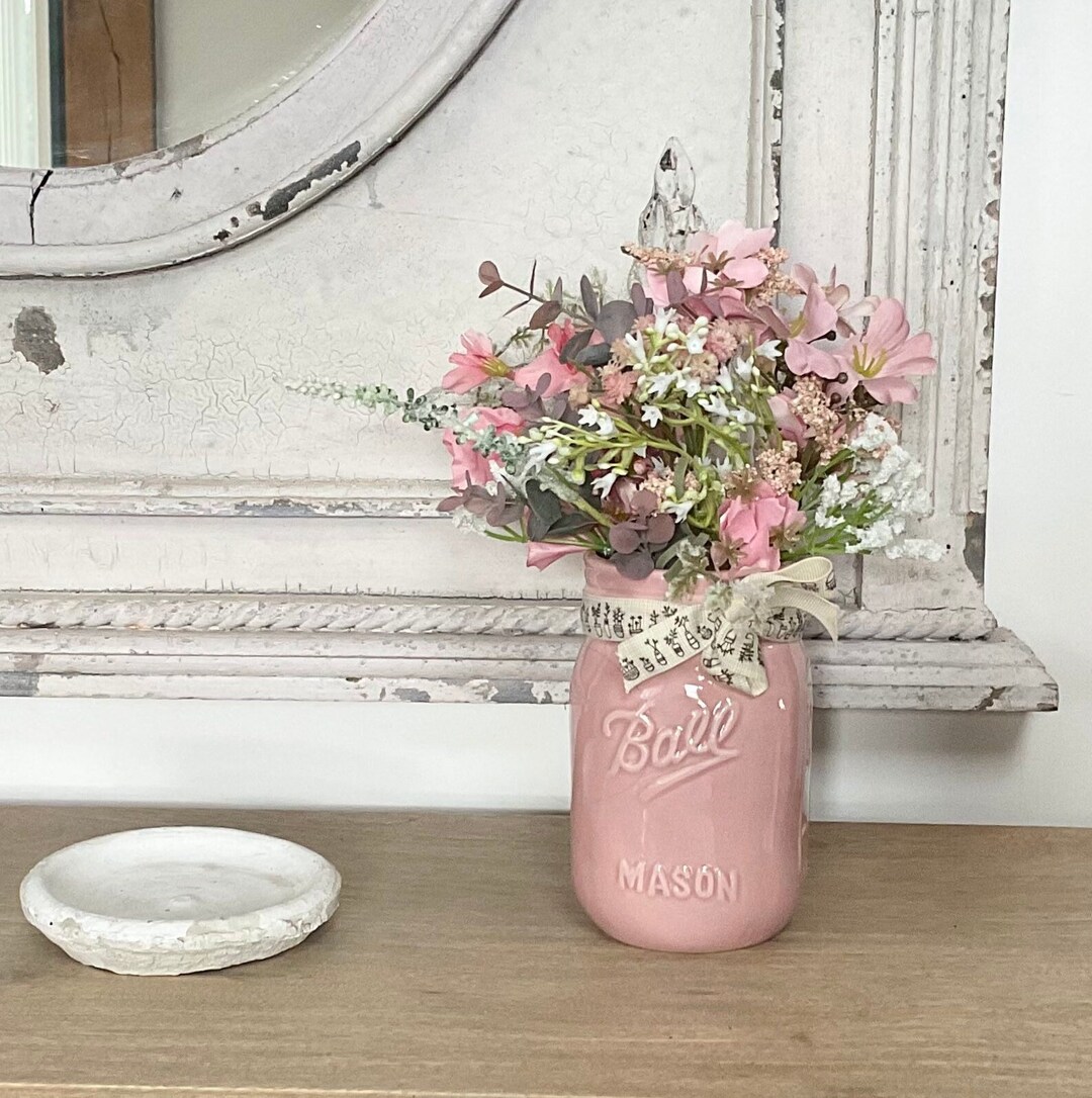 Faux Flowers in Ceramic Pink Mason Jar Artificial Flowers Etsy