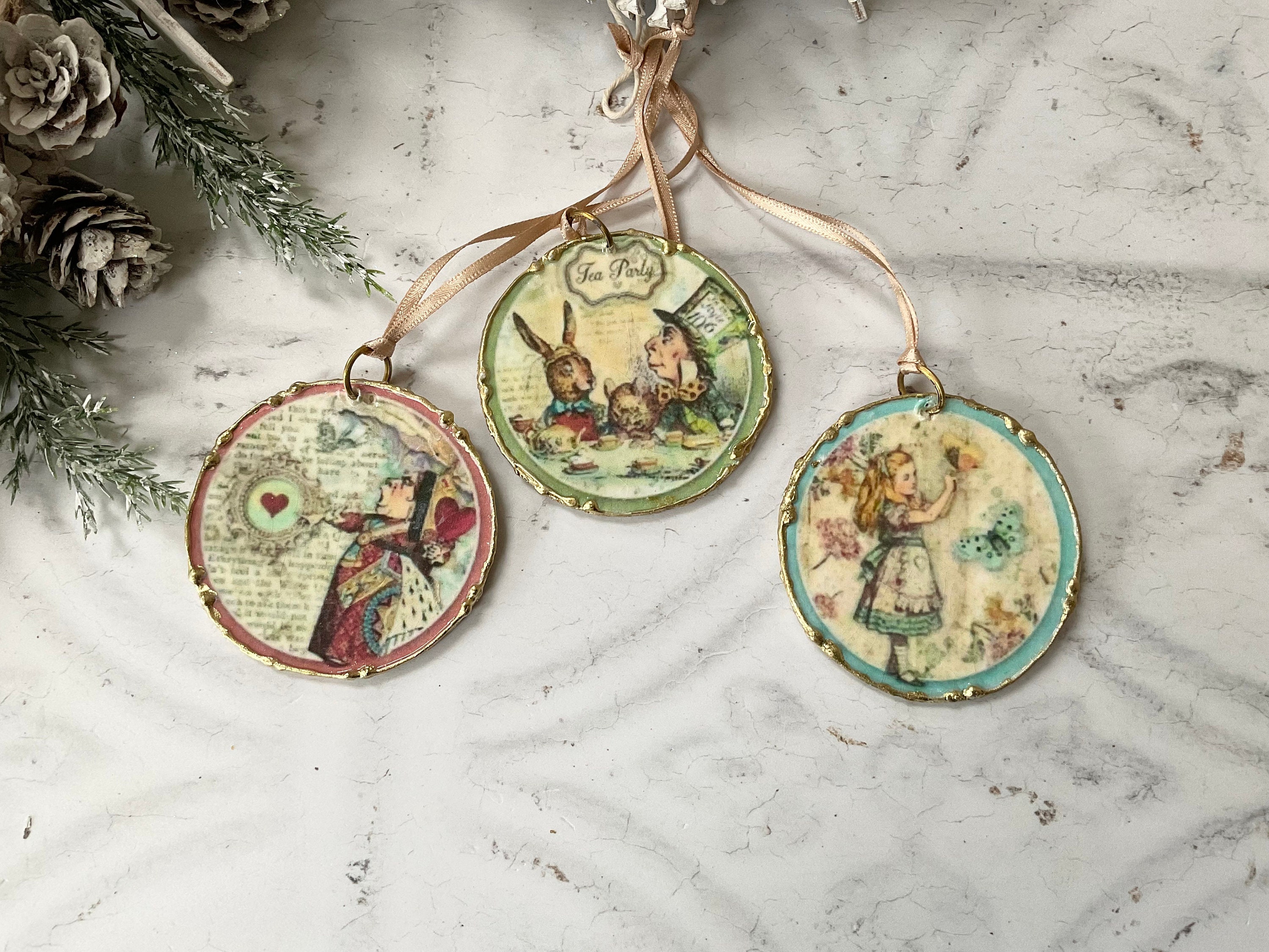 Alice in Wonderland Inspired Hand Painted 9 Piece Ornament Set 