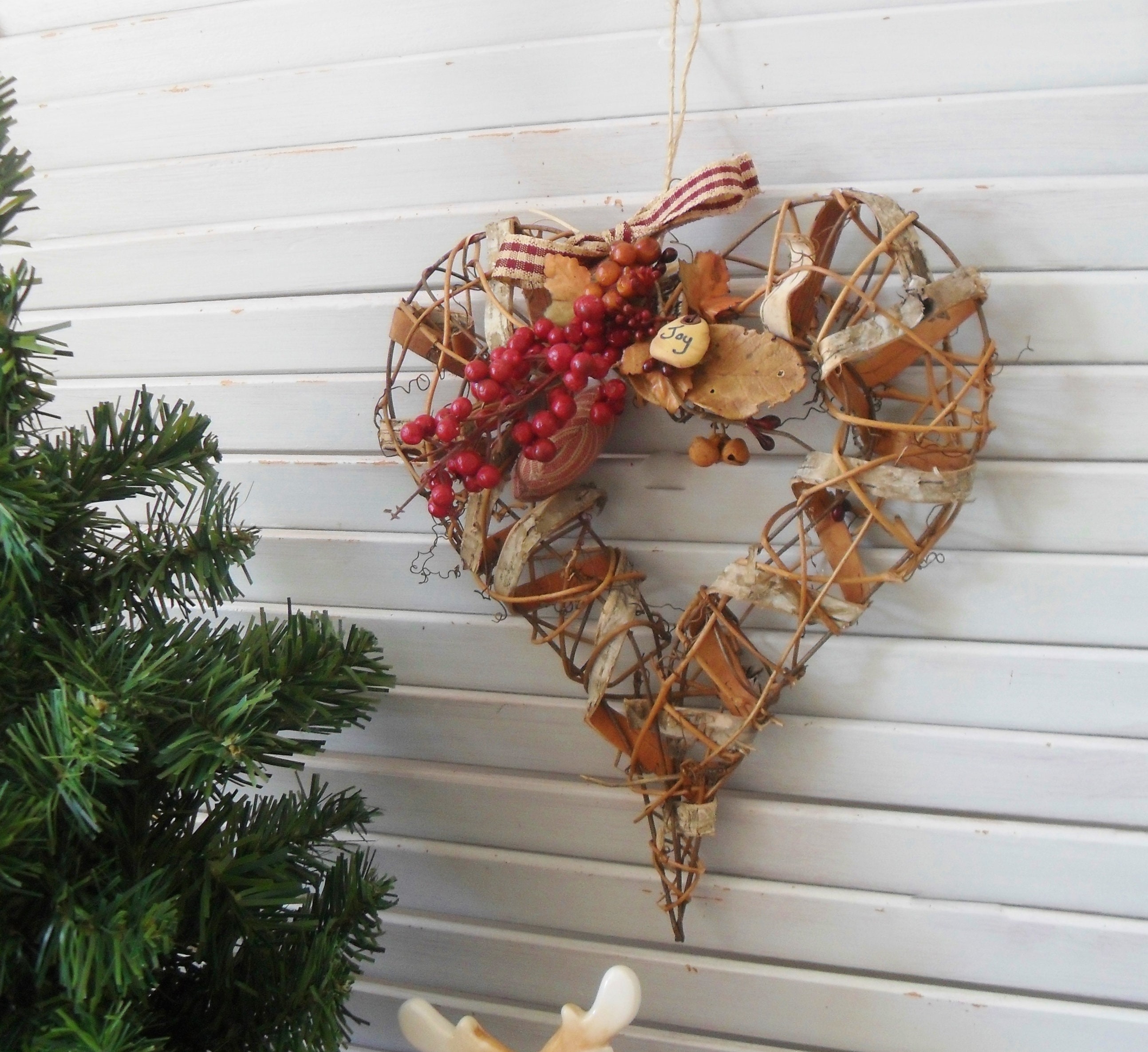 Christmas Heart Wreath Rustic Xmas Decoration Primitive Etsy