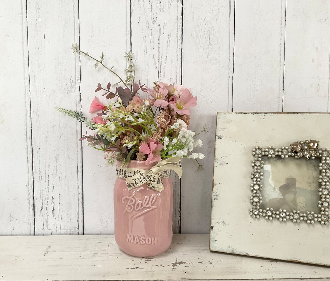 Faux Flowers in Ceramic Pink Mason Jar Artificial Flowers Etsy