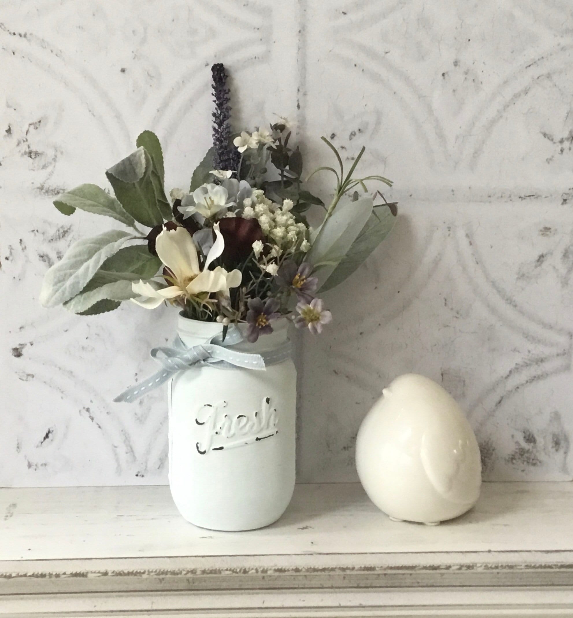 Faux Flowers in Painted Mason Jar Artificial Flowers Floral Etsy